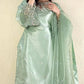 Designer 3-Piece Suit in Moss Satin with Beads & Sequin Work and Organza Dupatta