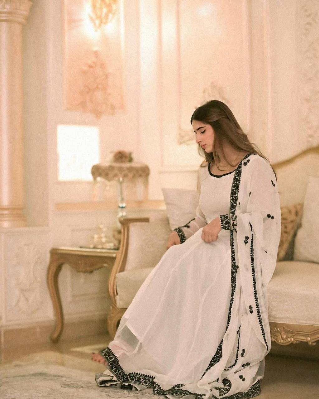 Premium Collection White Full Flair Embroidered Georgette Gown Paired with Designer Dupatta