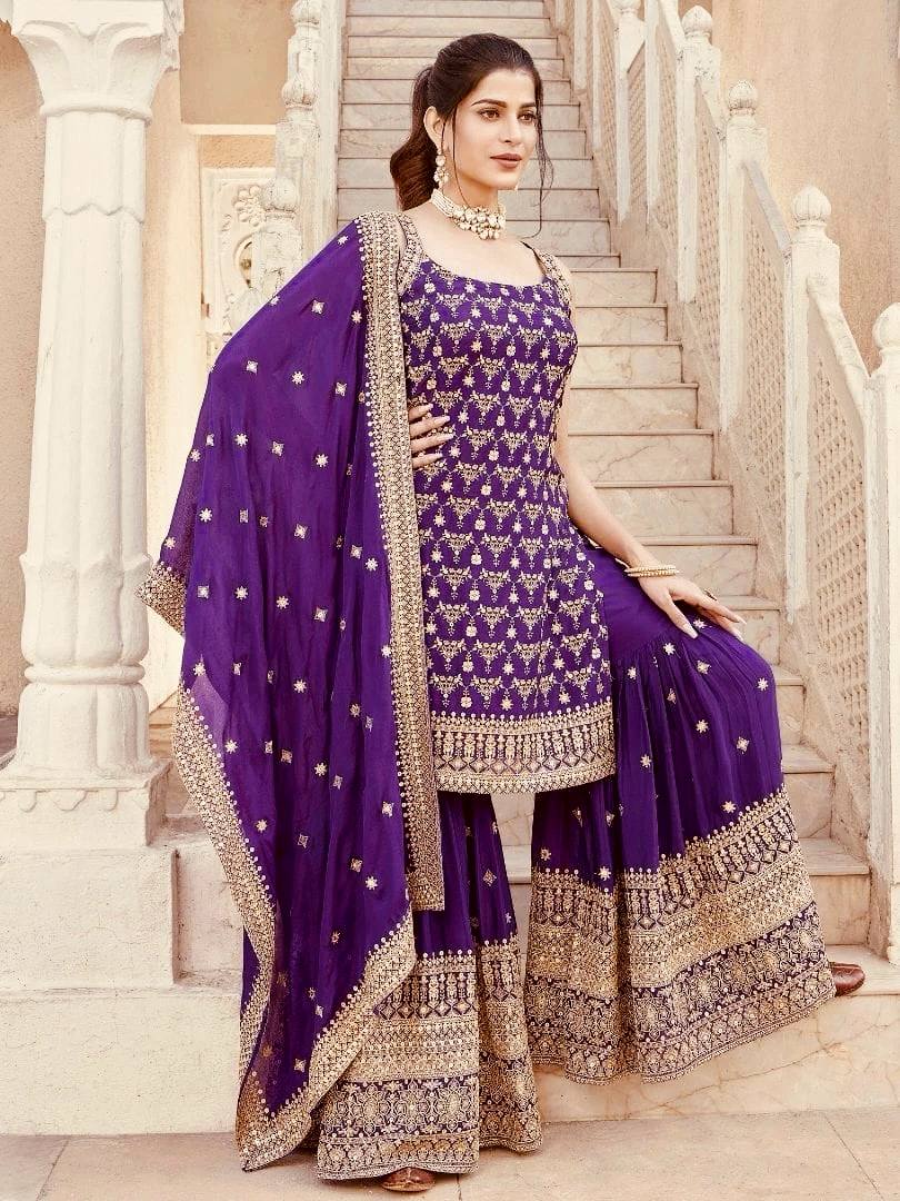 Fully Stitched Purple Faux Georgette Sharara and Dupatta Set with Thread and Sequin Embroidery