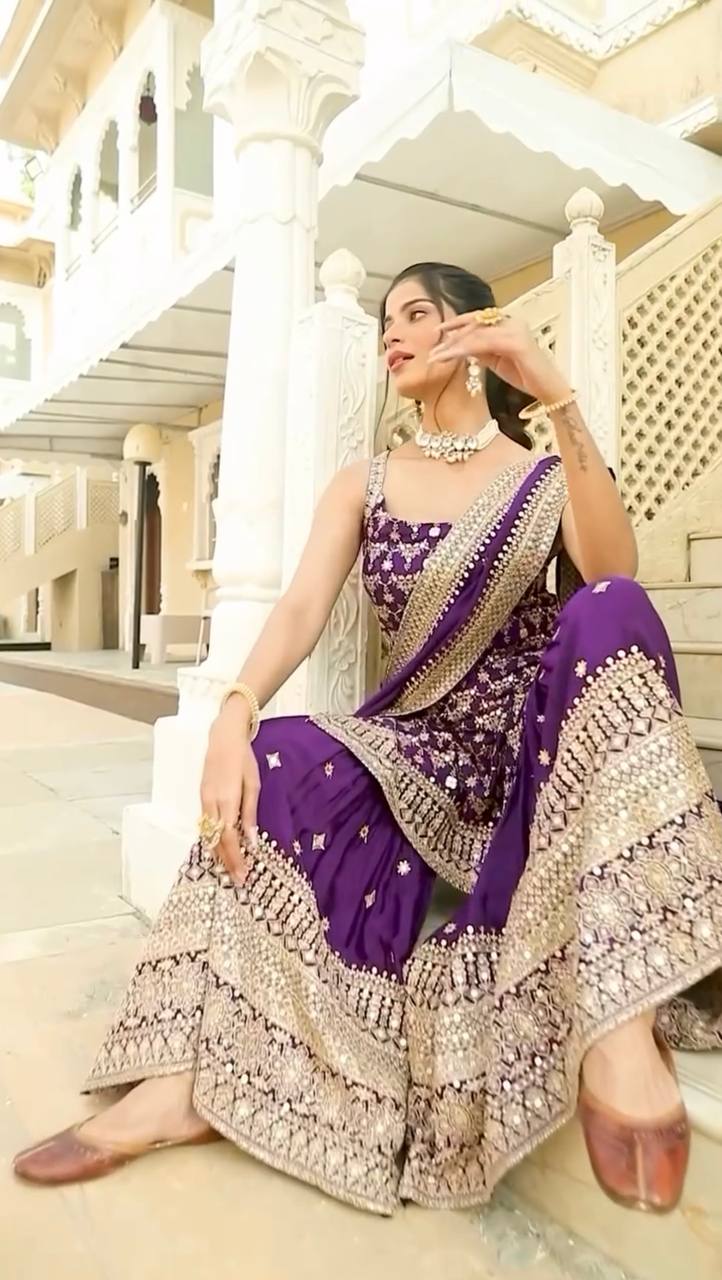 Fully Stitched Purple Faux Georgette Sharara and Dupatta Set with Thread and Sequin Embroidery