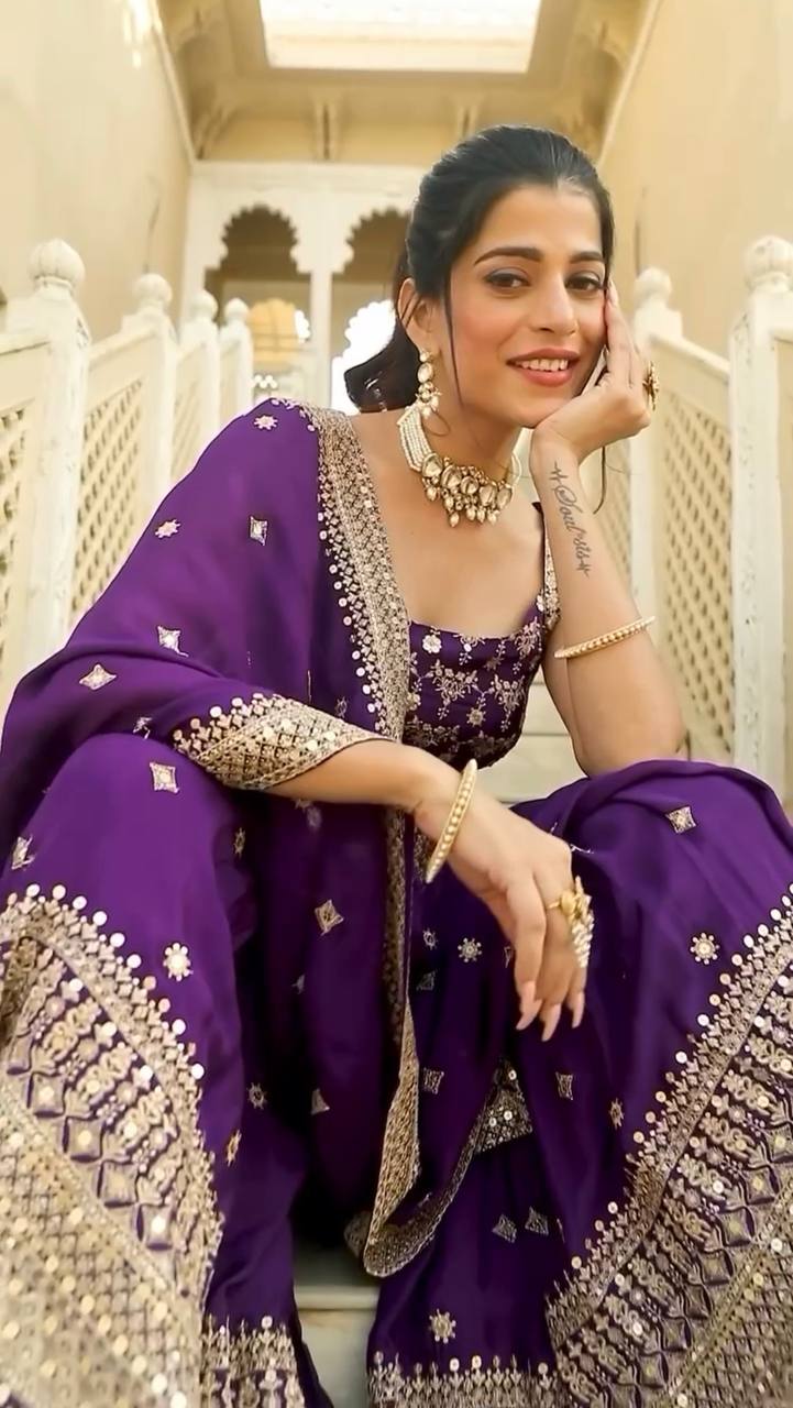Fully Stitched Purple Faux Georgette Sharara and Dupatta Set with Thread and Sequin Embroidery