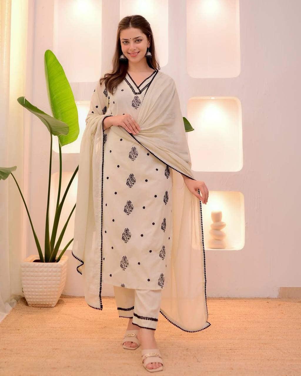 Exclusive Roman Silk Kurta with Embroidered Neck and Matching Pant & Dupatta