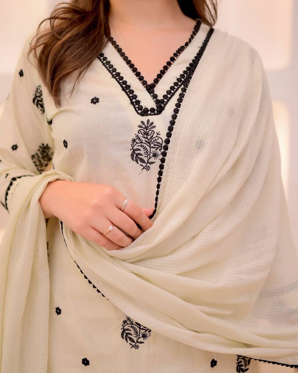 Exclusive Roman Silk Kurta with Embroidered Neck and Matching Pant & Dupatta