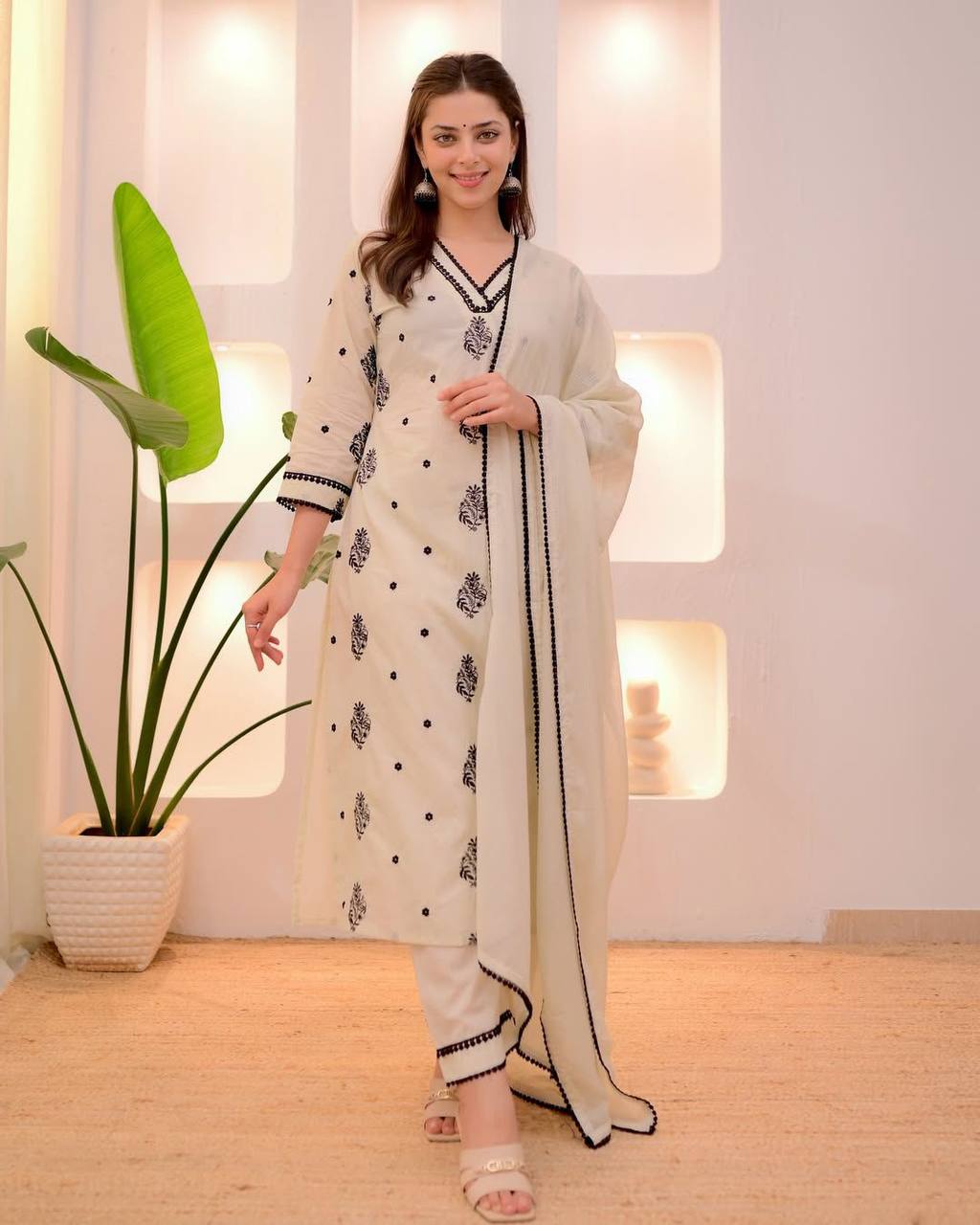 Exclusive Roman Silk Kurta with Embroidered Neck and Matching Pant & Dupatta