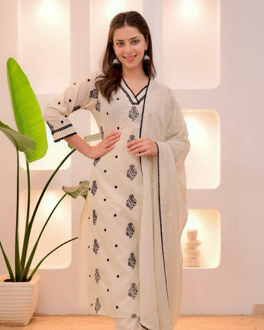 Exclusive Roman Silk Kurta with Embroidered Neck and Matching Pant & Dupatta