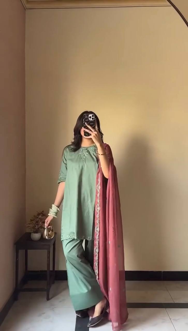Three-Piece Farshi Salwar Suit in Natural Crepe with Embroidered Top and Faux Georgette Dupatta
