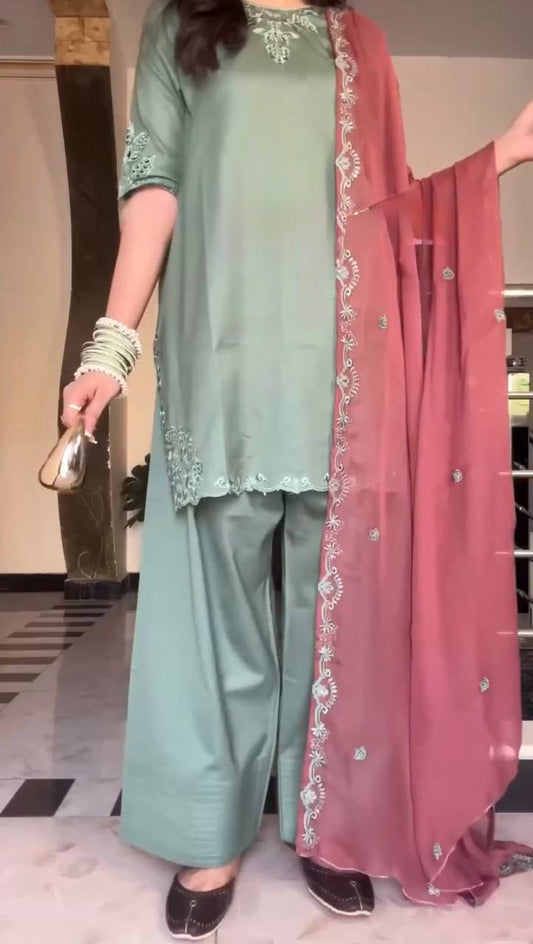 Three-Piece Farshi Salwar Suit in Natural Crepe with Embroidered Top and Faux Georgette Dupatta
