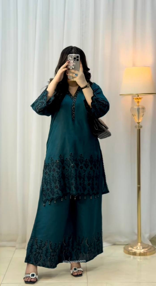 Designer Outfit in Vichitra Silk Featuring Full Sleeve Embroidered Top and Coordinated Bottom