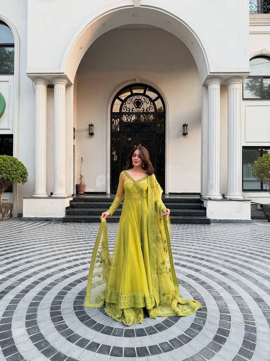 Kediya Style Shrug Set in Butterfly Net with Thread and Sequin Embroidery and Micro Cotton Blouse
