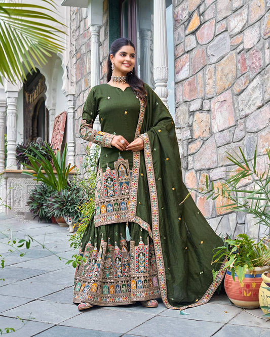 Elegant Pure Chinnon Silk Kurti Plazzo and Dupatta Set with Coding Dori and Sequence Work