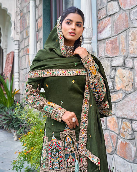 Elegant Pure Chinnon Silk Kurti Plazzo and Dupatta Set with Coding Dori and Sequence Work