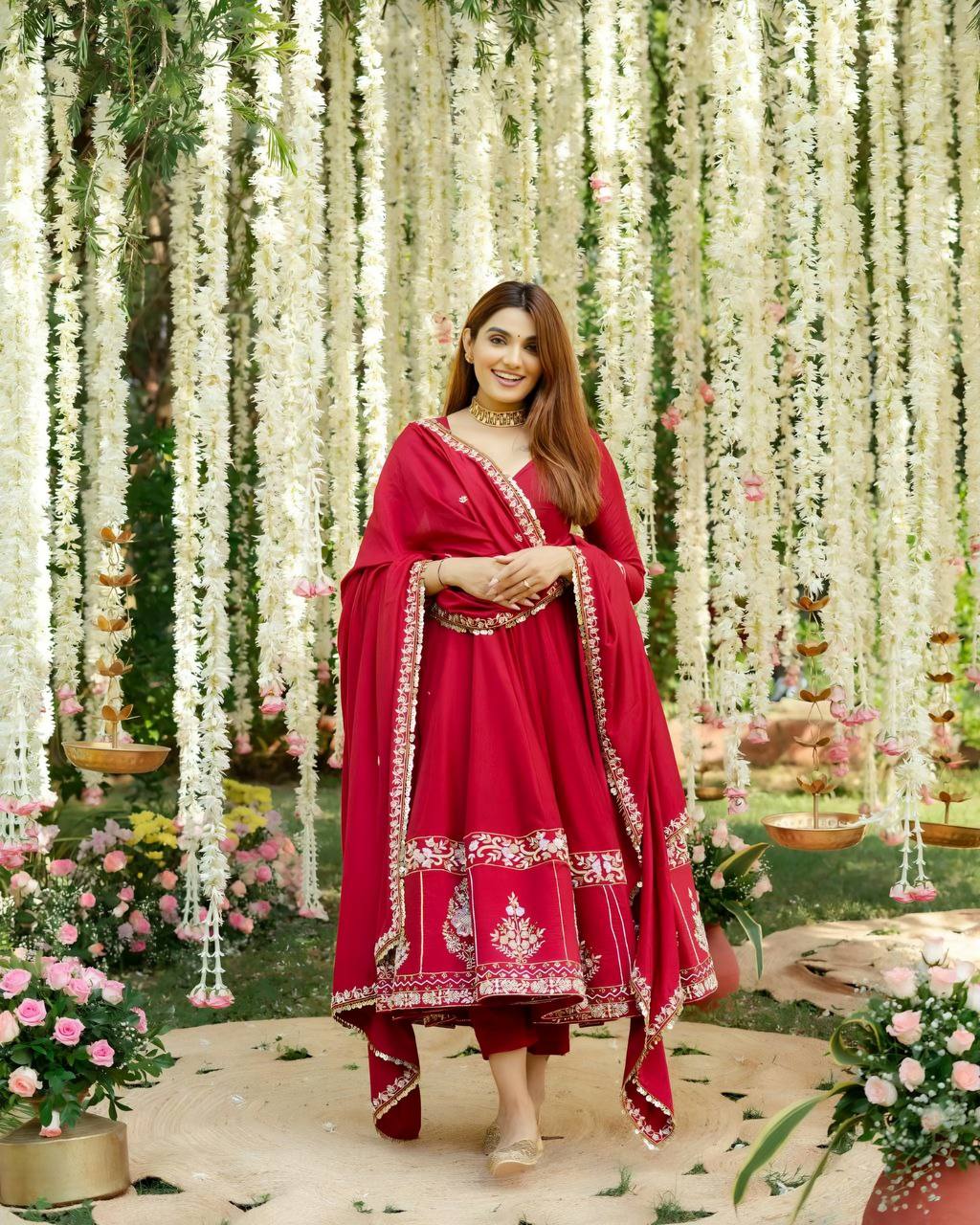 Stylish Roman Silk Anarkali Suit Set with Micro Cotton Pants and Embroidered Dupatta - Jaipuri Vastra