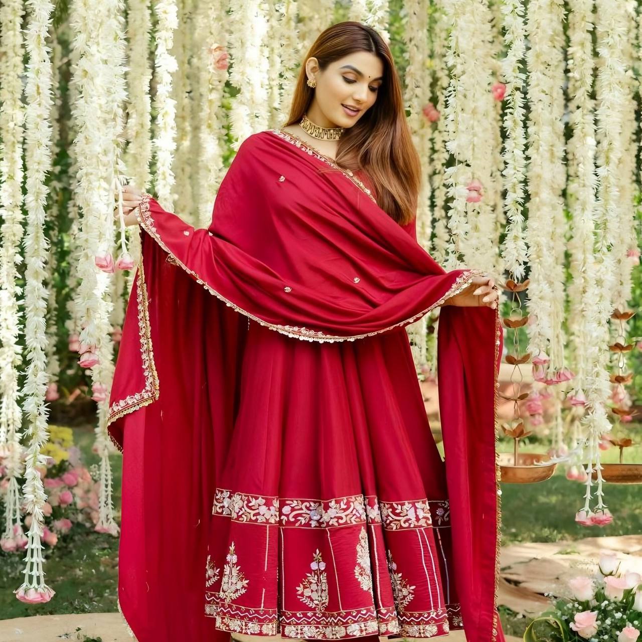 Stylish Roman Silk Anarkali Suit Set with Micro Cotton Pants and Embroidered Dupatta - Jaipuri Vastra