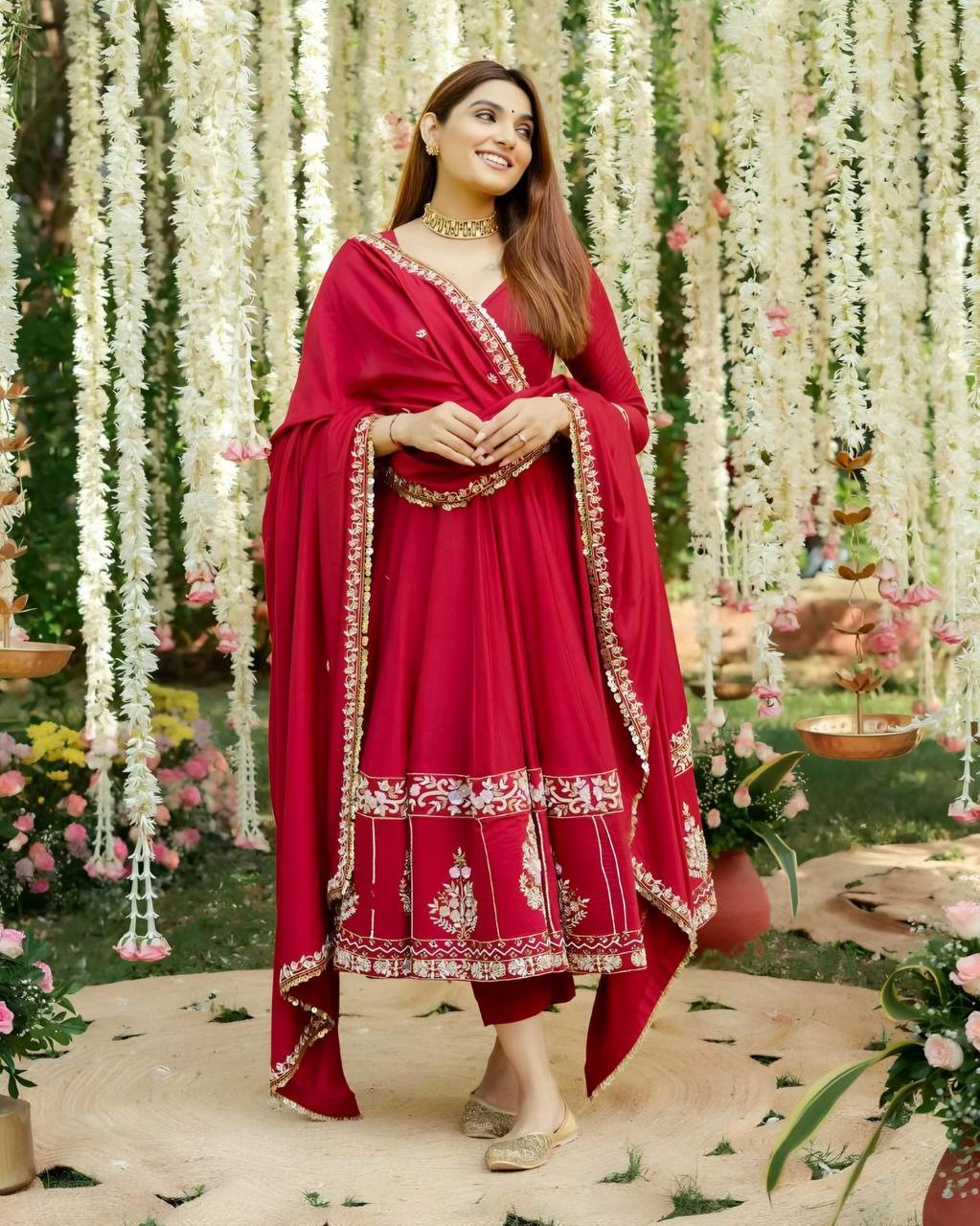 Stylish Roman Silk Anarkali Suit Set with Micro Cotton Pants and Embroidered Dupatta - Jaipuri Vastra