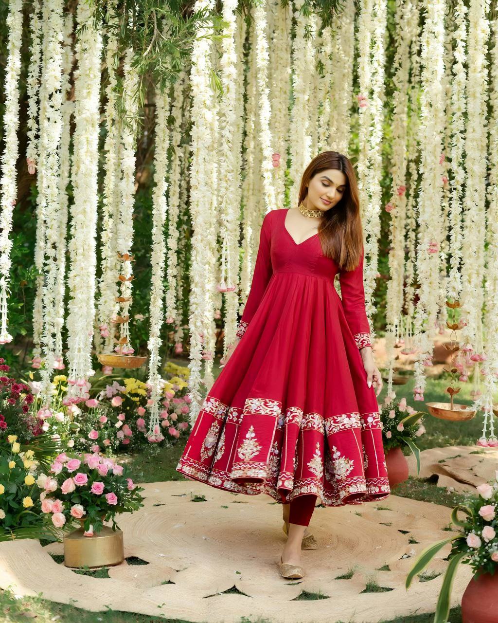 Stylish Roman Silk Anarkali Suit Set with Micro Cotton Pants and Embroidered Dupatta - Jaipuri Vastra