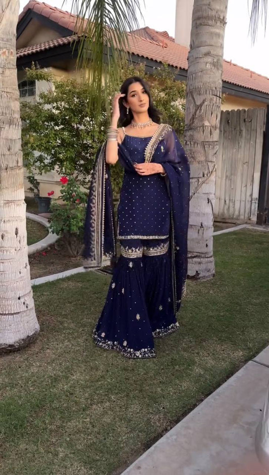 Designer Faux Georgette Sharara Suit with Thread Sequin Work and Dupatta Featuring Lace Border