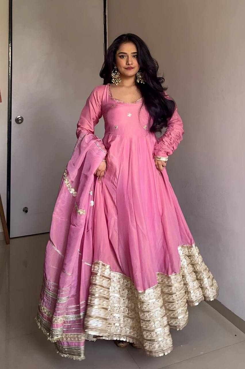 Designer Readymade Anarkali Gown Set with Dori Latkan and Embroidered Dupatta - Jaipuri Vastra
