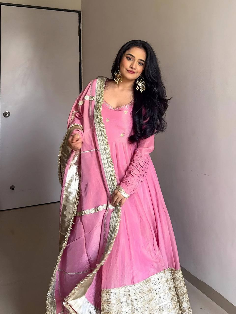 Designer Readymade Anarkali Gown Set with Dori Latkan and Embroidered Dupatta - Jaipuri Vastra