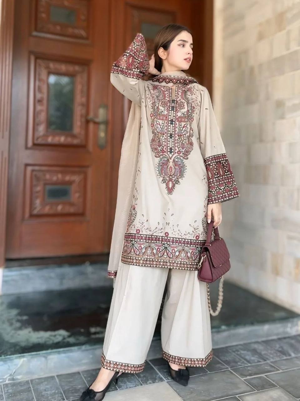 Premium Designer Palazzo Suit in Roman Silk Featuring Sequence Embroidery
