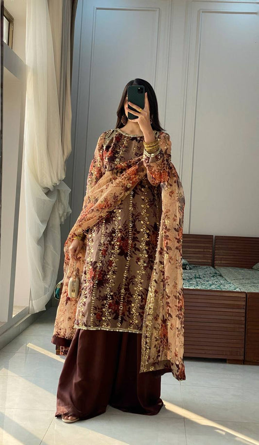 Elegant Faux Georgette Top Plazzo and Dupatta Set Featuring Heavy Embroidery Work