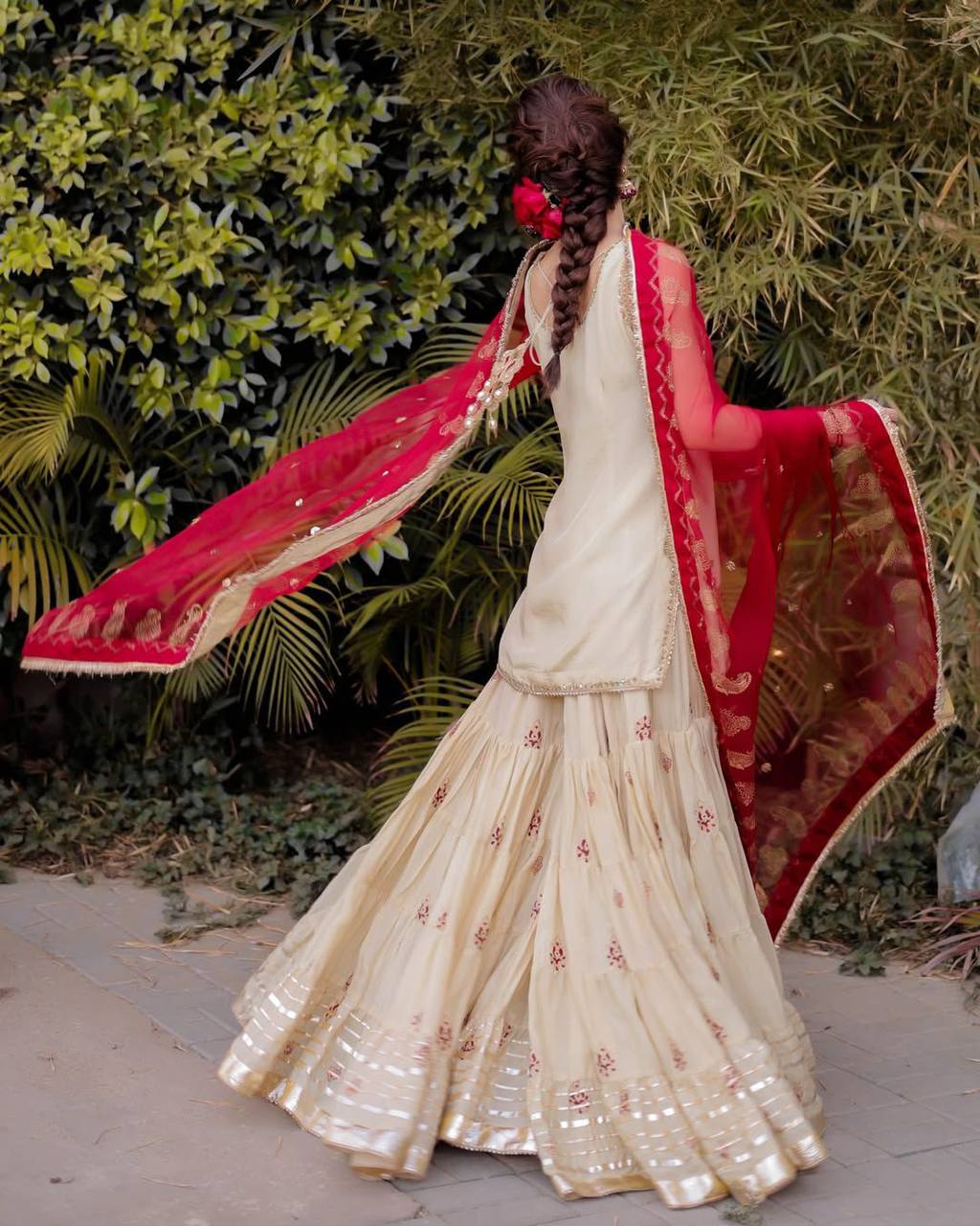 Exclusive Three-Piece Sarara Suit in Chinon Fabric with Gotapatti Lace and Sequence Embroidery