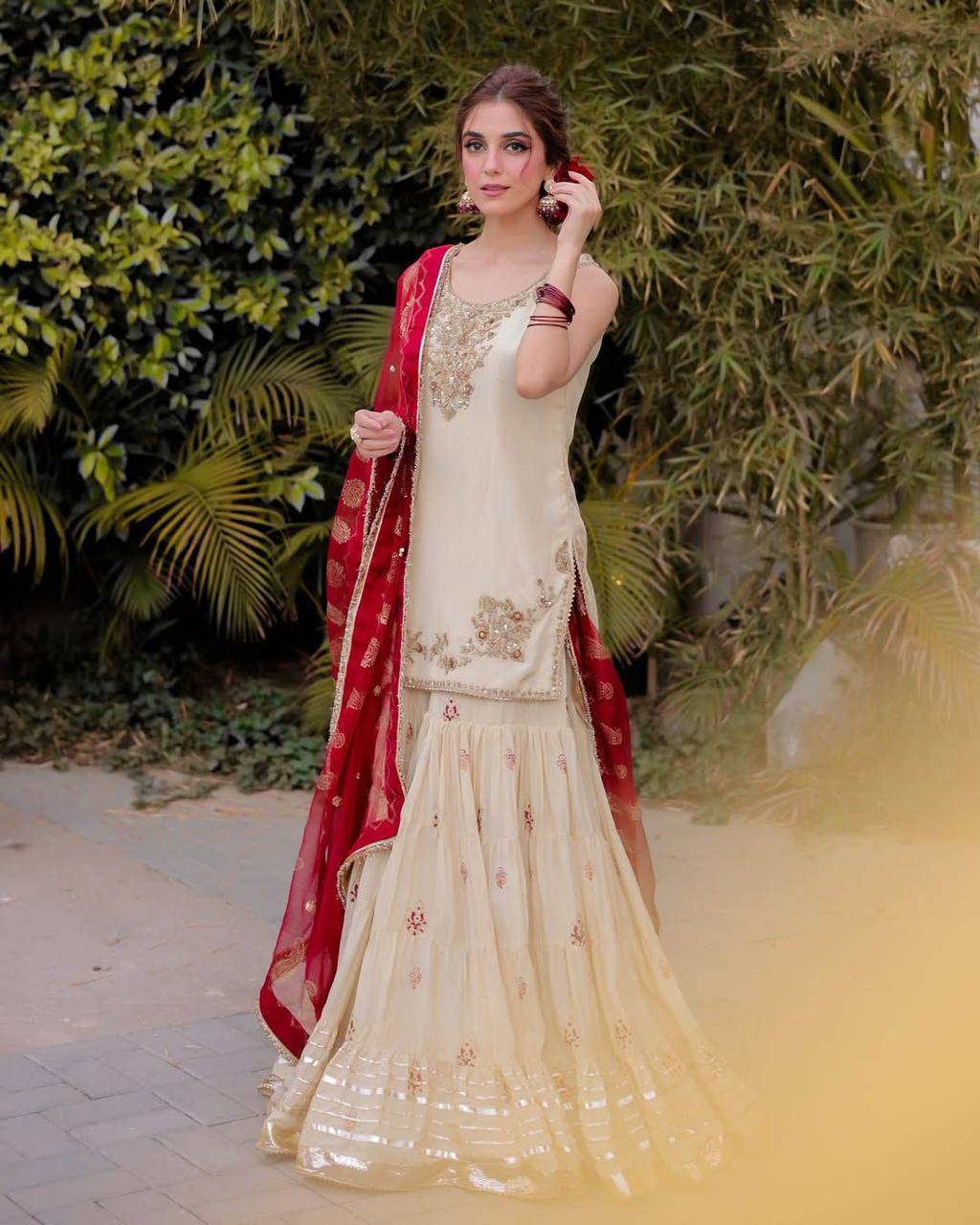 Exclusive Three-Piece Sarara Suit in Chinon Fabric with Gotapatti Lace and Sequence Embroidery