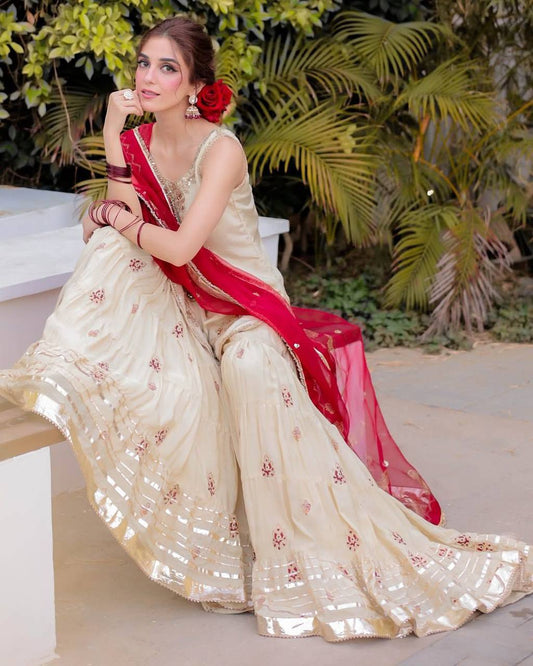 Exclusive Three-Piece Sarara Suit in Chinon Fabric with Gotapatti Lace and Sequence Embroidery