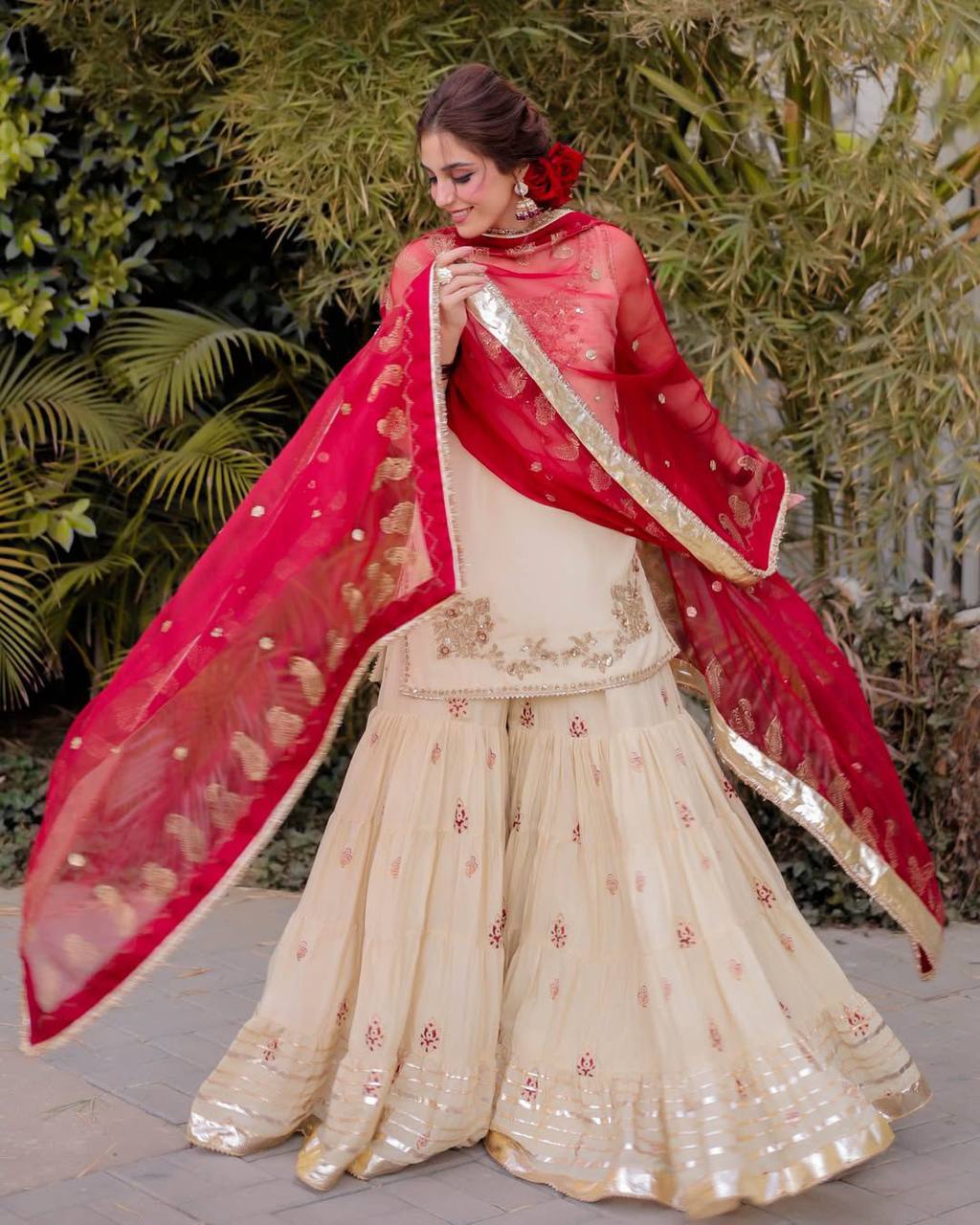 Exclusive Three-Piece Sarara Suit in Chinon Fabric with Gotapatti Lace and Sequence Embroidery