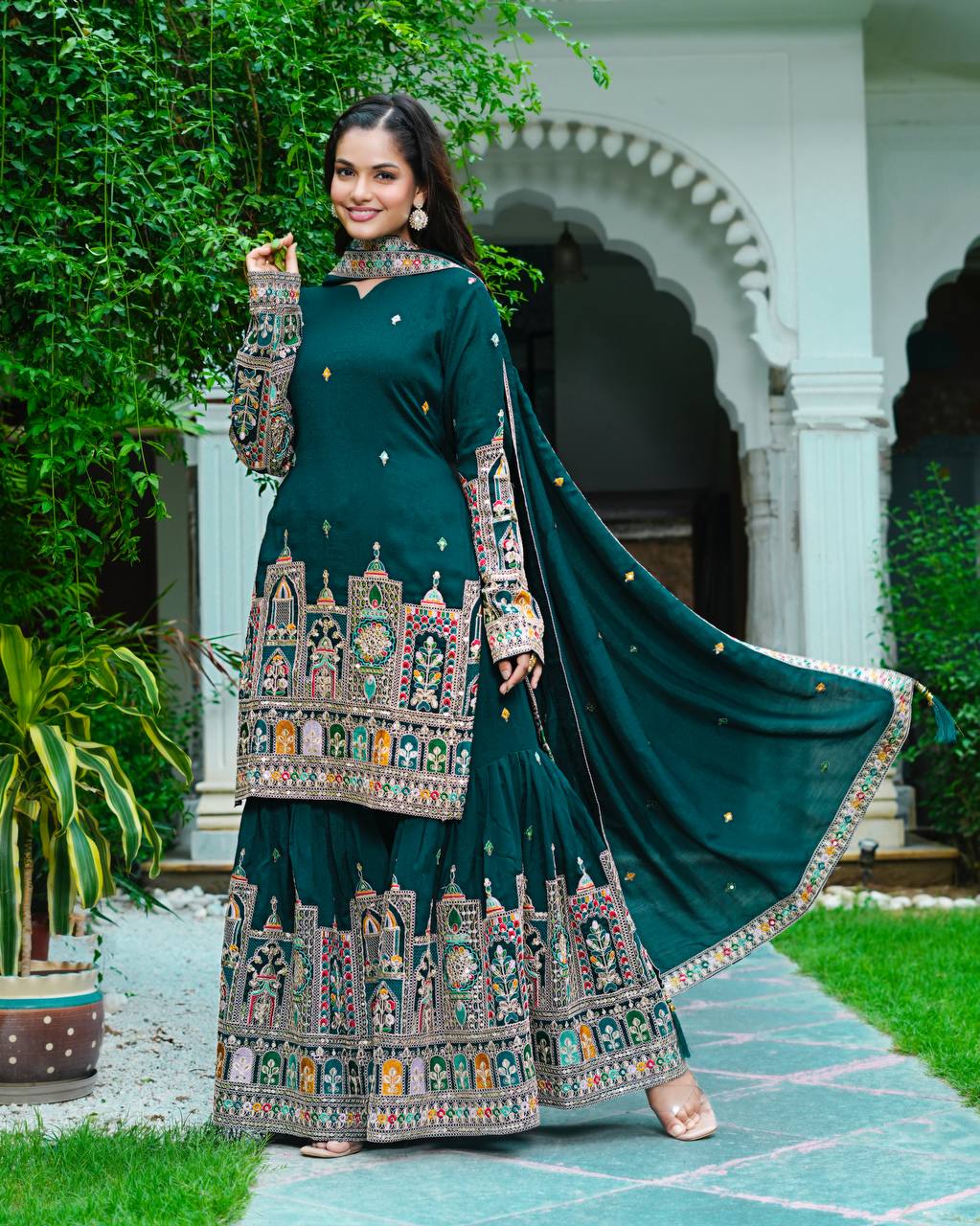 Elegant Pure Chinnon Silk Kurti Plazzo and Dupatta Set with Coding Dori and Sequence Work