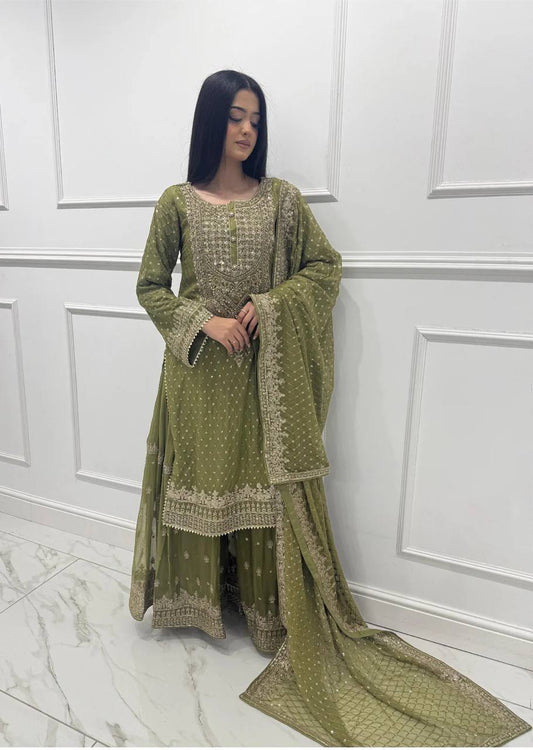 Designer Faux Georgette Sharara Set with Embroidered Thread and Sequin Work and Lace Detailed Dupatta