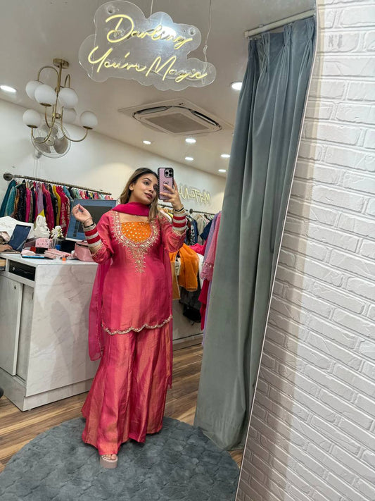 Premium Simar Silk Suit with Embroidered Full Sleeve Top and Elasticated Plazzo Pants