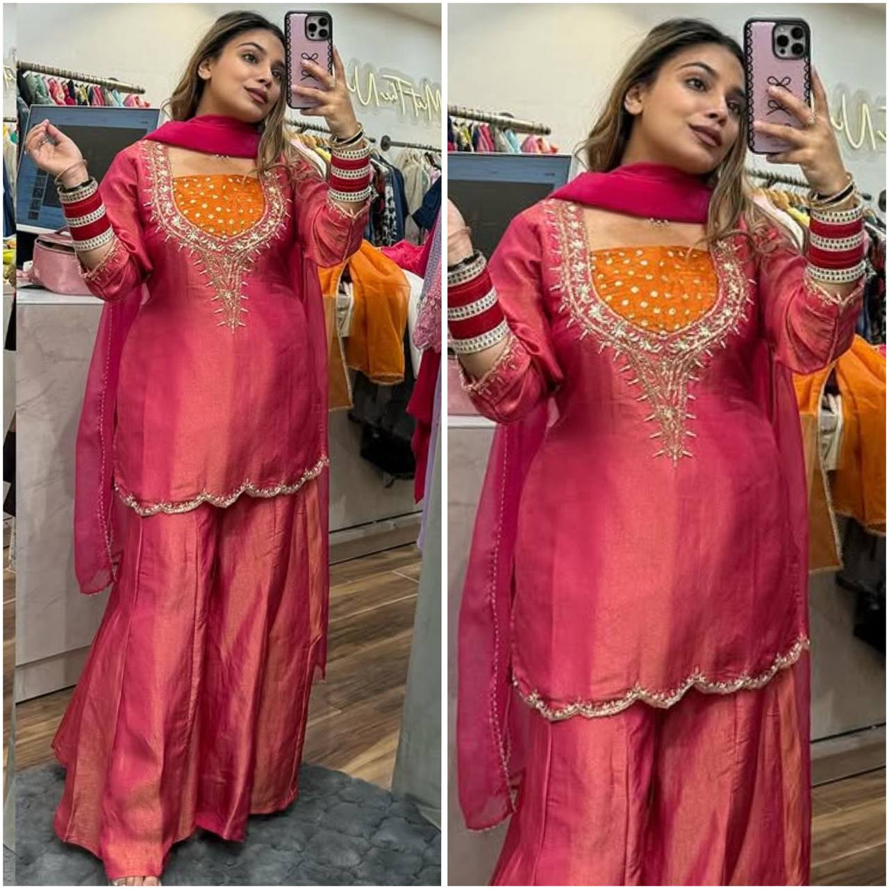 Premium Simar Silk Suit with Embroidered Full Sleeve Top and Elasticated Plazzo Pants