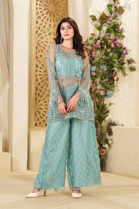 Butterfly Net Top and Plazzo Set with Full Sequence Embroidery and Matching Blouse