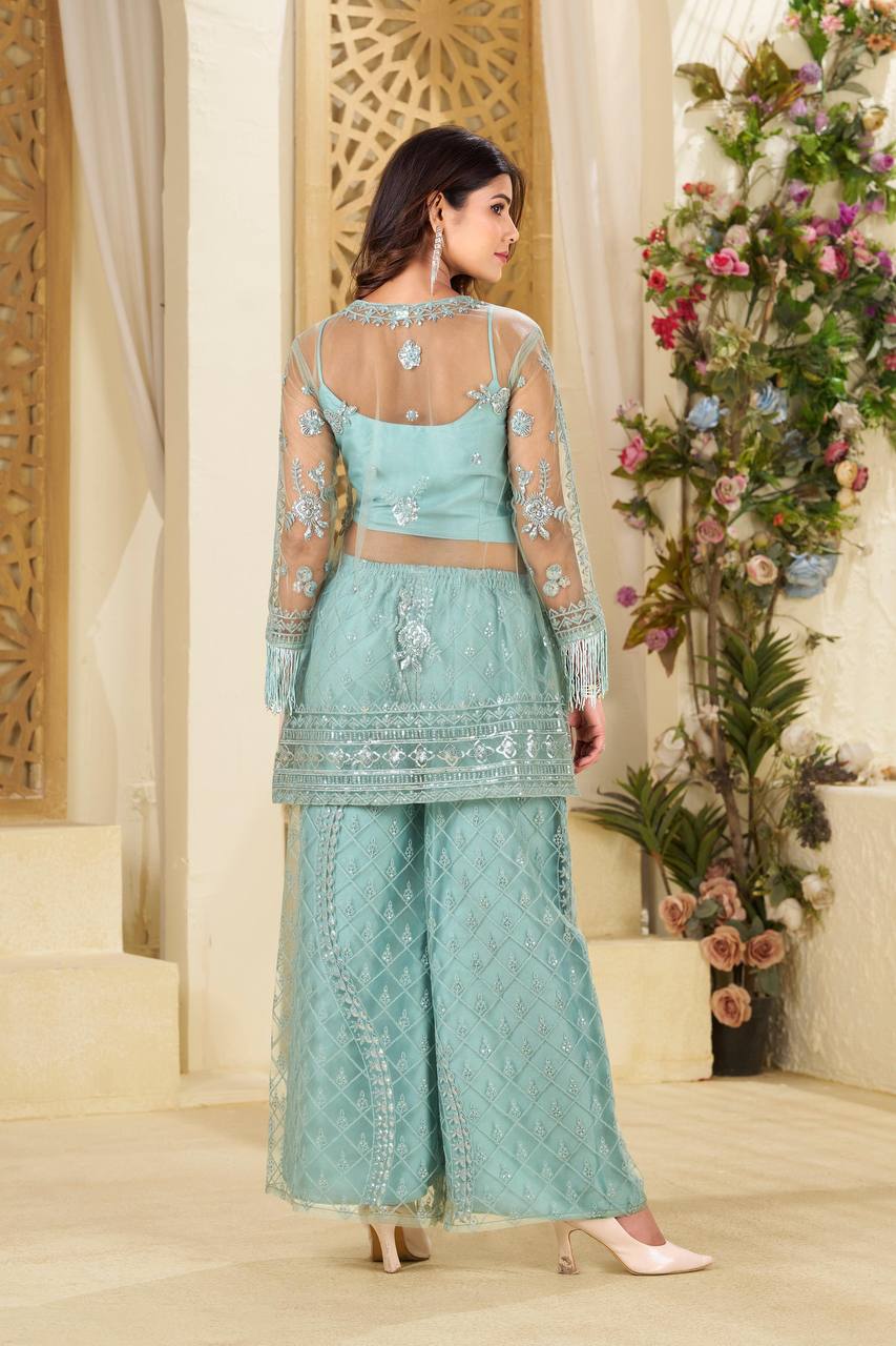 Butterfly Net Top and Plazzo Set with Full Sequence Embroidery and Matching Blouse