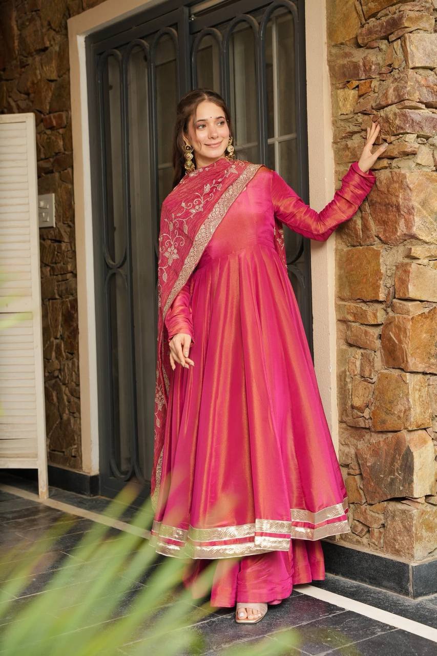 Designer Roman Simmer Silk Outfit Featuring Full Sleeve Top with Lace Border and Plazzo