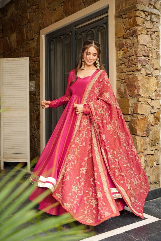 Designer Roman Simmer Silk Outfit Featuring Full Sleeve Top with Lace Border and Plazzo