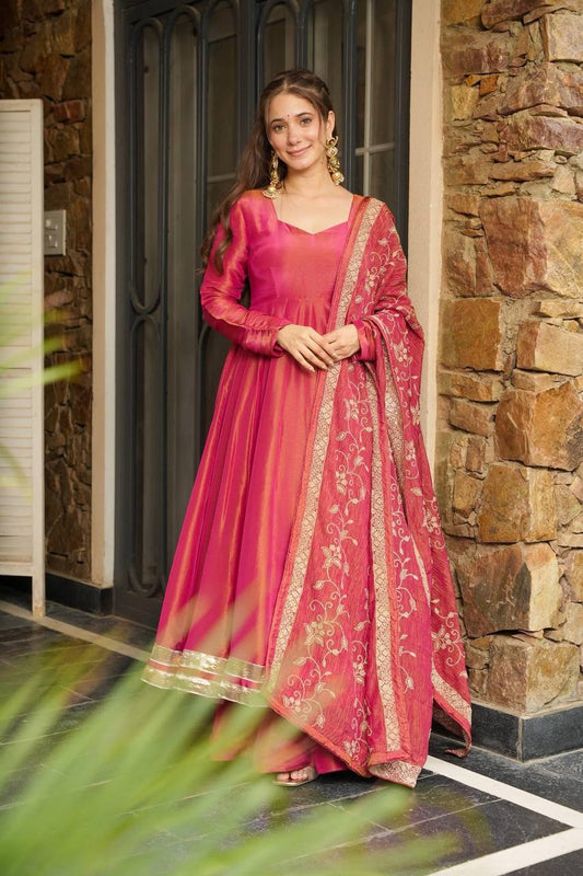 Designer Roman Simmer Silk Outfit Featuring Full Sleeve Top with Lace Border and Plazzo