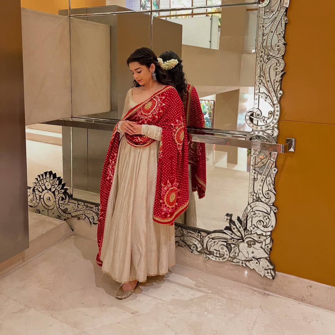 Designer Three-Piece Gown in Chinon with Bandhani Dupatta & Latkan Dori Work