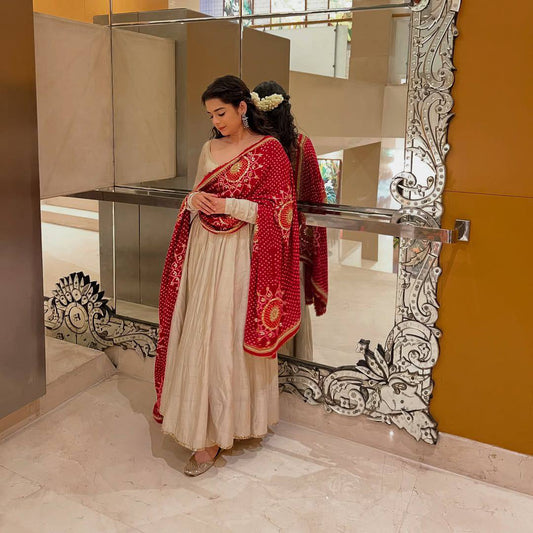 Designer Three-Piece Gown in Chinon with Bandhani Dupatta & Latkan Dori Work