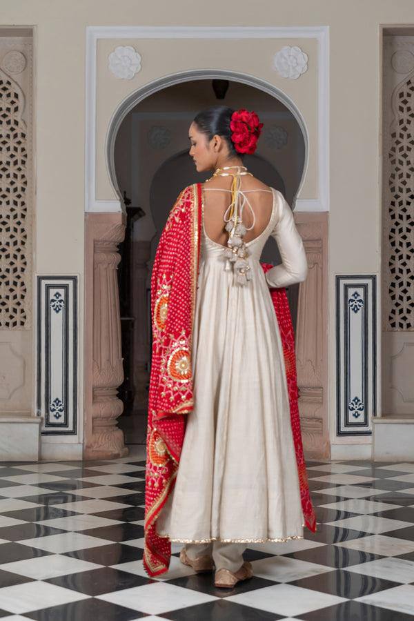 Designer Three-Piece Gown in Chinon with Bandhani Dupatta & Latkan Dori Work