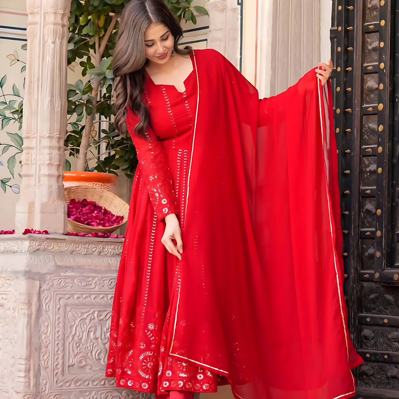 Red Anarkali Suit Set in Faux Georgette with All Over Embroidery and Lace Dupatta