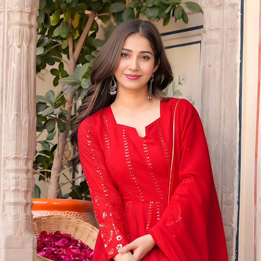 Red Anarkali Suit Set in Faux Georgette with All Over Embroidery and Lace Dupatta