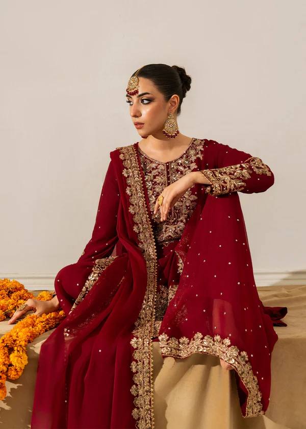 Fully Stitched Maroon Faux Georgette Kurta Plazo Dupatta Set with Intricate Coding and Rivet Moti Embellishments