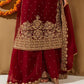 Fully Stitched Maroon Faux Georgette Kurta Plazo Dupatta Set with Intricate Coding and Rivet Moti Embellishments