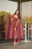 Premium Salmon Shine Organza Gown Set with Foil Embellishments and Soft Micro Cotton Plazo