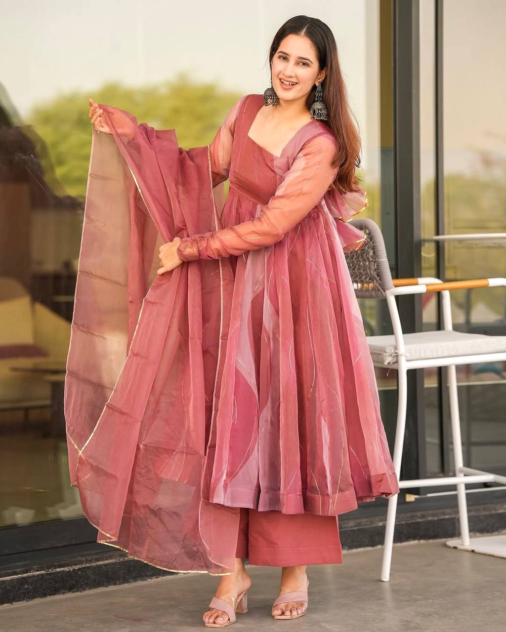 Premium Salmon Shine Organza Gown Set with Foil Embellishments and Soft Micro Cotton Plazo