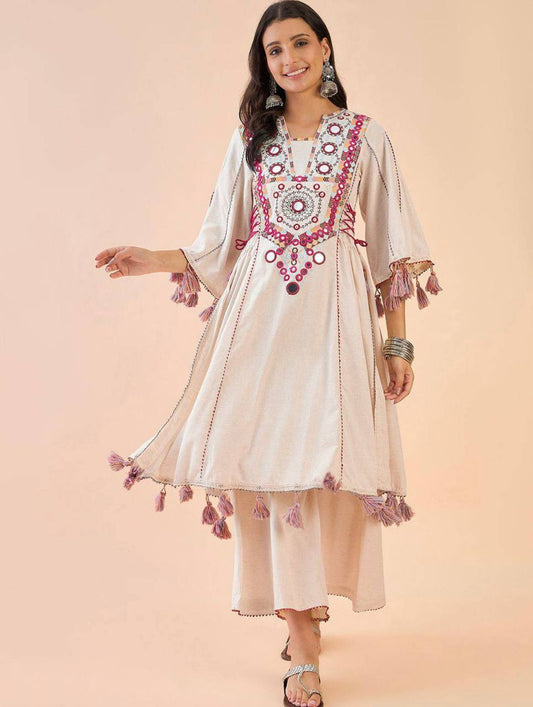 Boho-Inspired Pure Khadi Cotton Set with Sequence & Mirror Embroidery