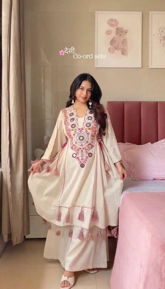 Boho-Inspired Pure Khadi Cotton Set with Sequence & Mirror Embroidery
