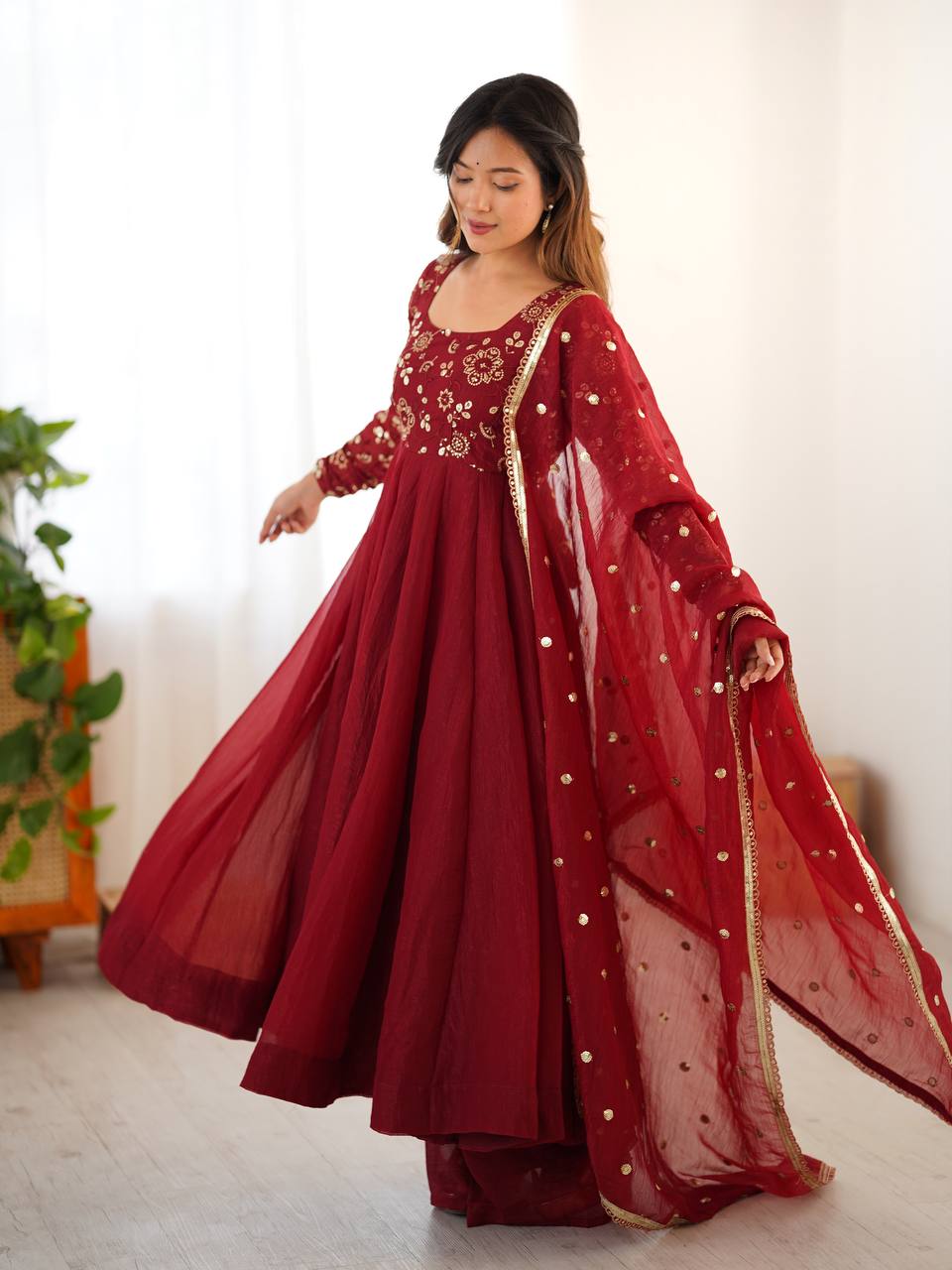 Luxury Crunchy Silk Flared Gown with Coordinated Pants and Embroidered Dupatta