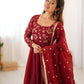 Luxury Crunchy Silk Flared Gown with Coordinated Pants and Embroidered Dupatta